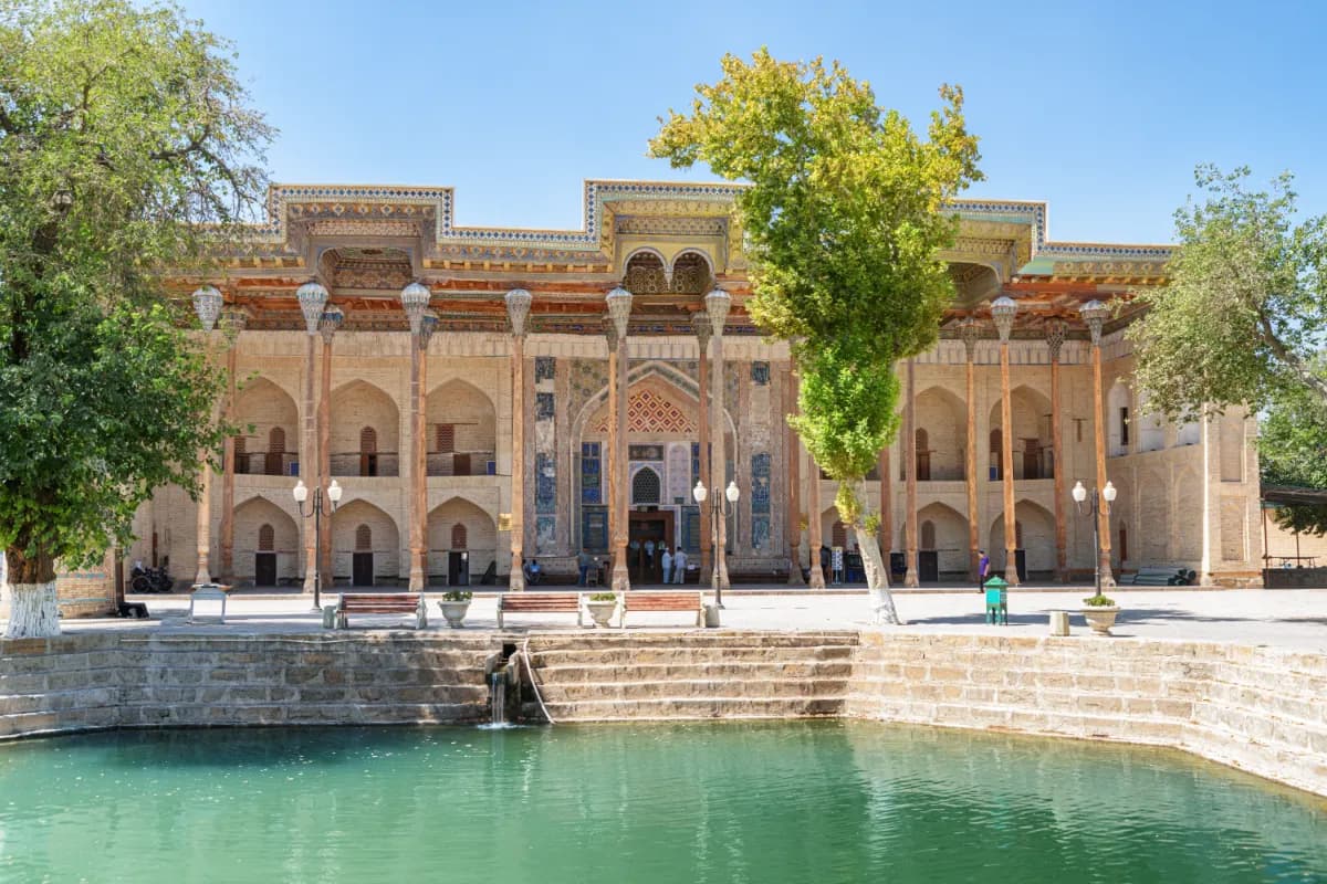 Bolo Haouz Mosque historic mosque in Bukhara known for elegant wooden columns, reflective pool, and beautiful Islamic architecture in the old city.