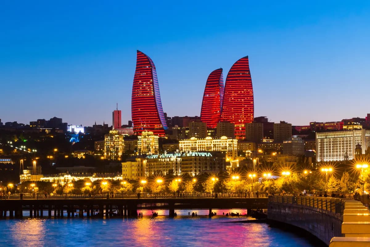 Night view of the Flame Towers , baku