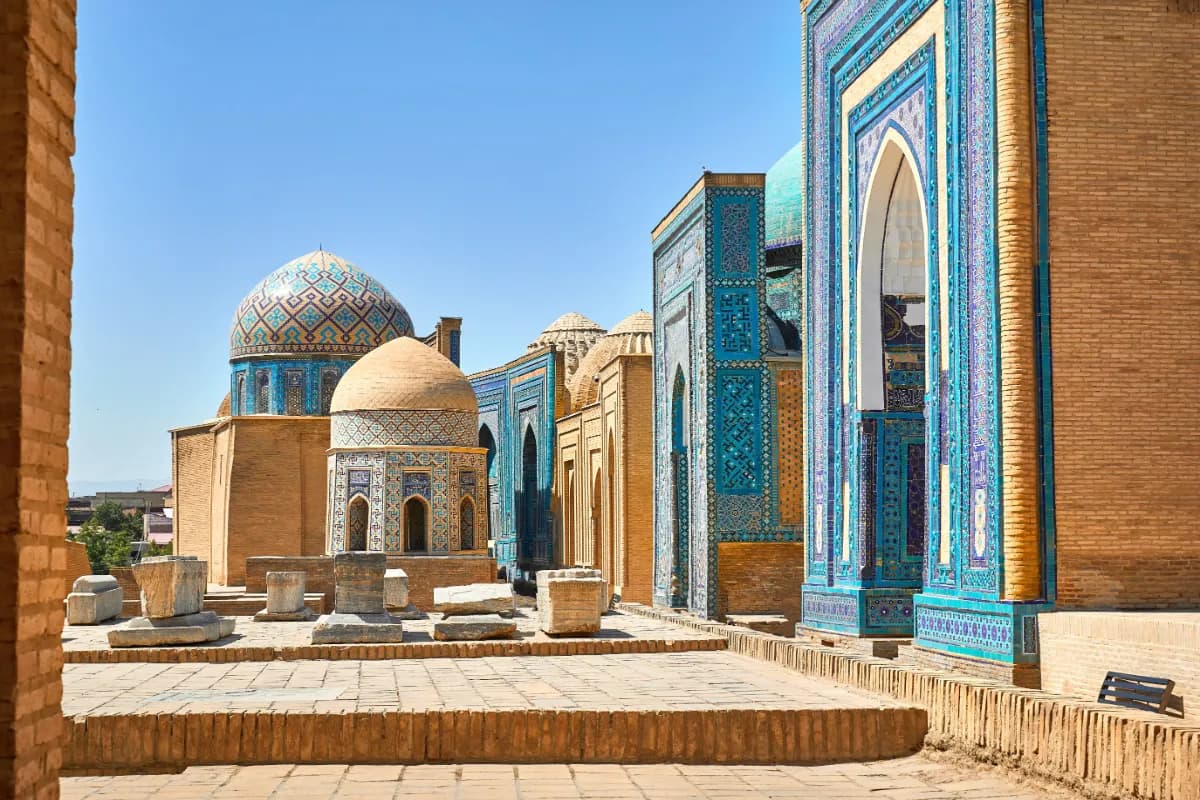 Shah-i-Zinda historic necropolis in Samarkand famous for stunning mosaic mausoleums, intricate Islamic architecture, and rich Silk Road heritage.