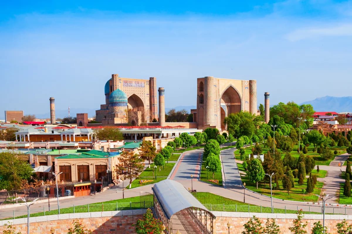 Bibi-Khanym Mosque grand historic mosque in Samarkand known for monumental Islamic architecture, turquoise domes, and Silk Road cultural heritage.