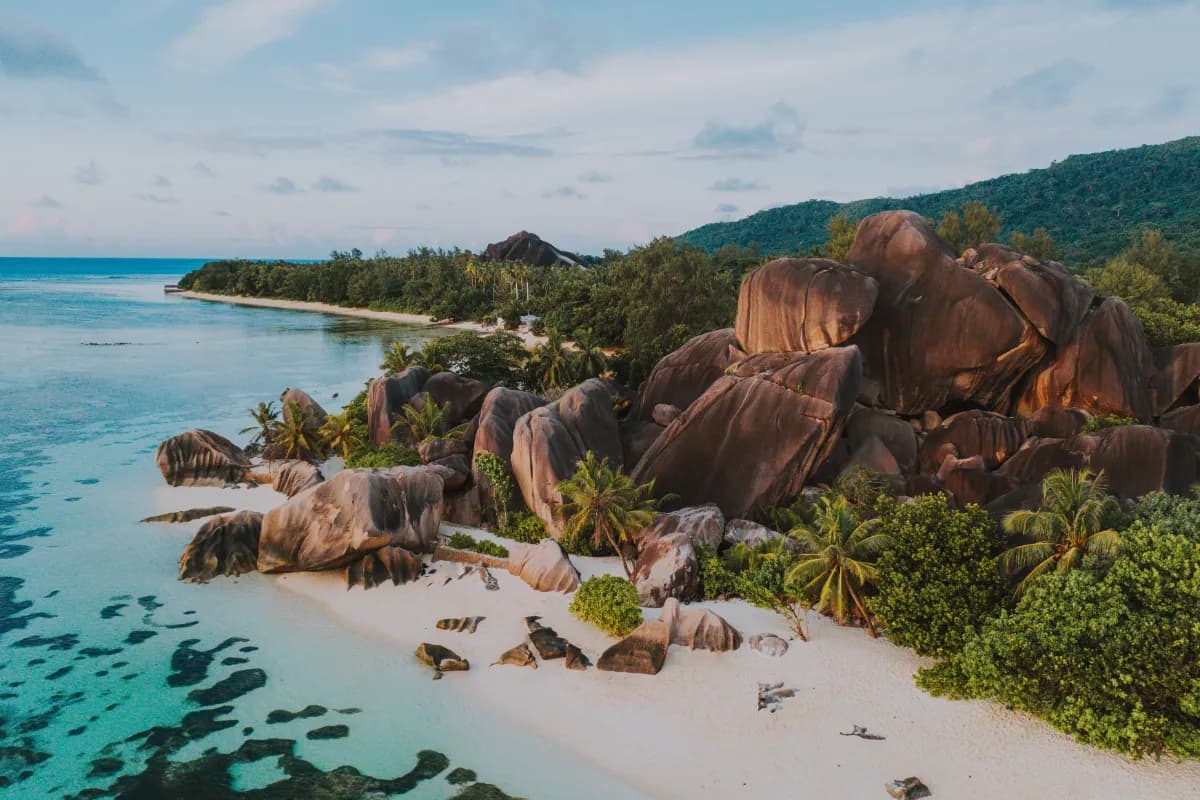 La digue island in Seychelles. Silver beach with granitic stone, and jungle. Aerial view shot