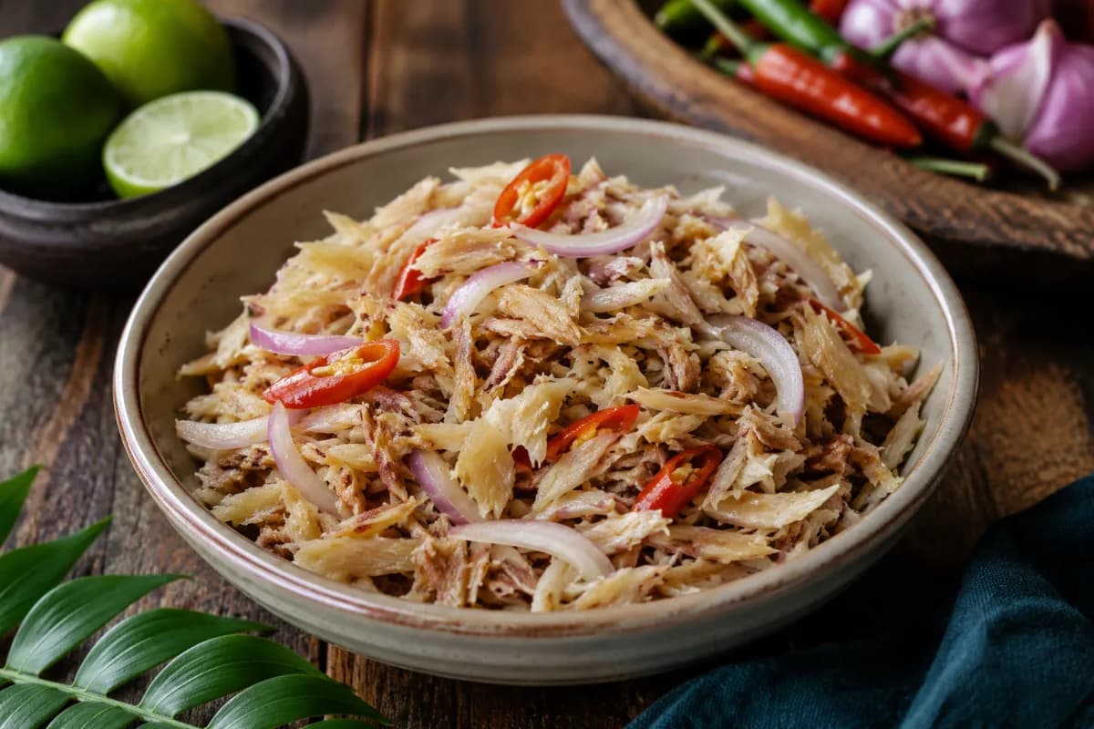 Satini Requin traditional Seychellois dish made from salted shark mixed with onions, lime juice, chili, and spices, usually served as a flavorful side with rice or lentils.