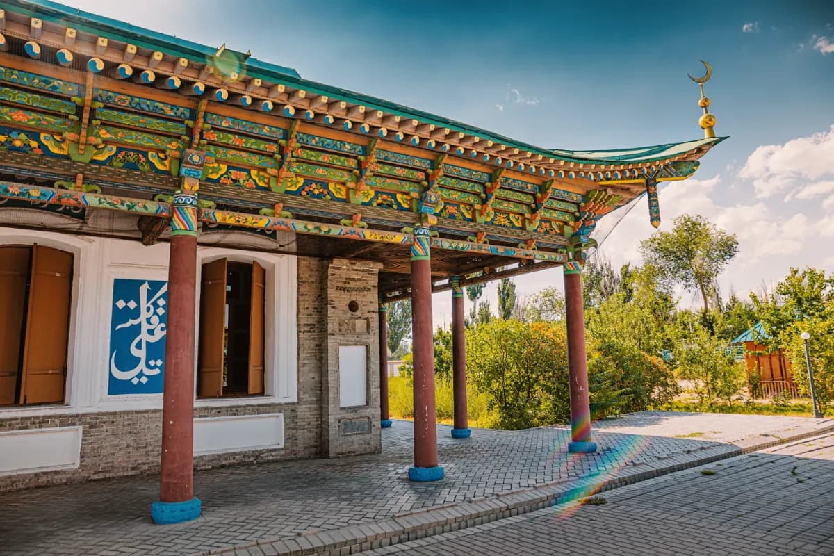 Zharkent Mosque historic wooden mosque in Kazakhstan known for Chinese-style architecture, colorful interiors, and cultural significance.