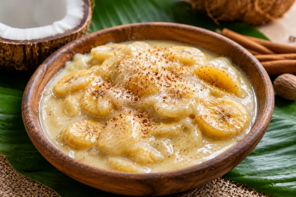 Ladob traditional Seychellois dessert made with ripe plantain or sweet potato cooked in coconut milk, sugar, nutmeg, and vanilla, often enjoyed as a creamy island-style sweet dish.