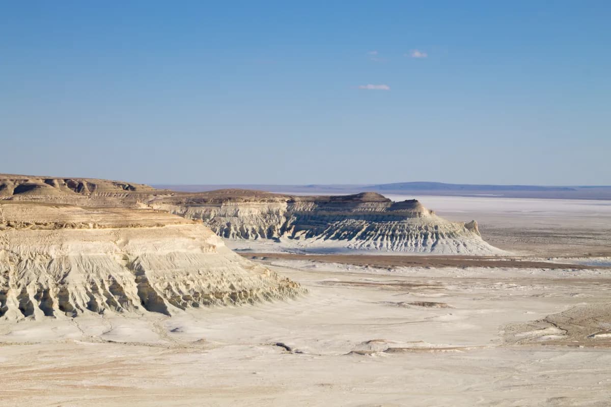 Mangystau Region dramatic desert region in western Kazakhstan known for canyons, rock formations, vast valleys, and unique natural landscapes.