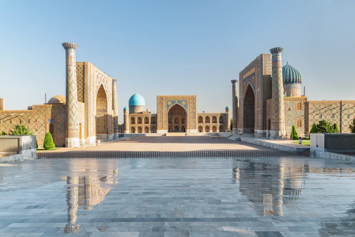 Registan historic square in Samarkand famous for its grand madrasas, Islamic architecture, and Silk Road heritage.