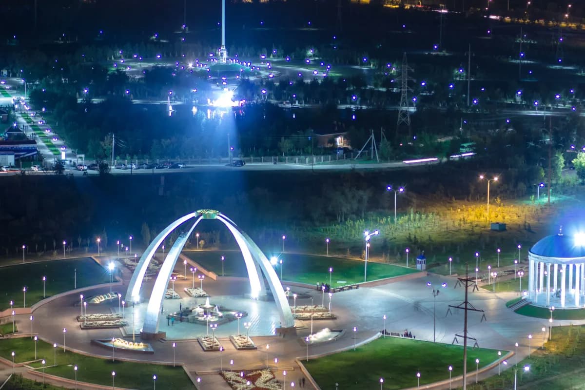 First President’s Park landscaped urban park in Almaty known for its monuments, fountains, mountain views, and illuminated night scenery.