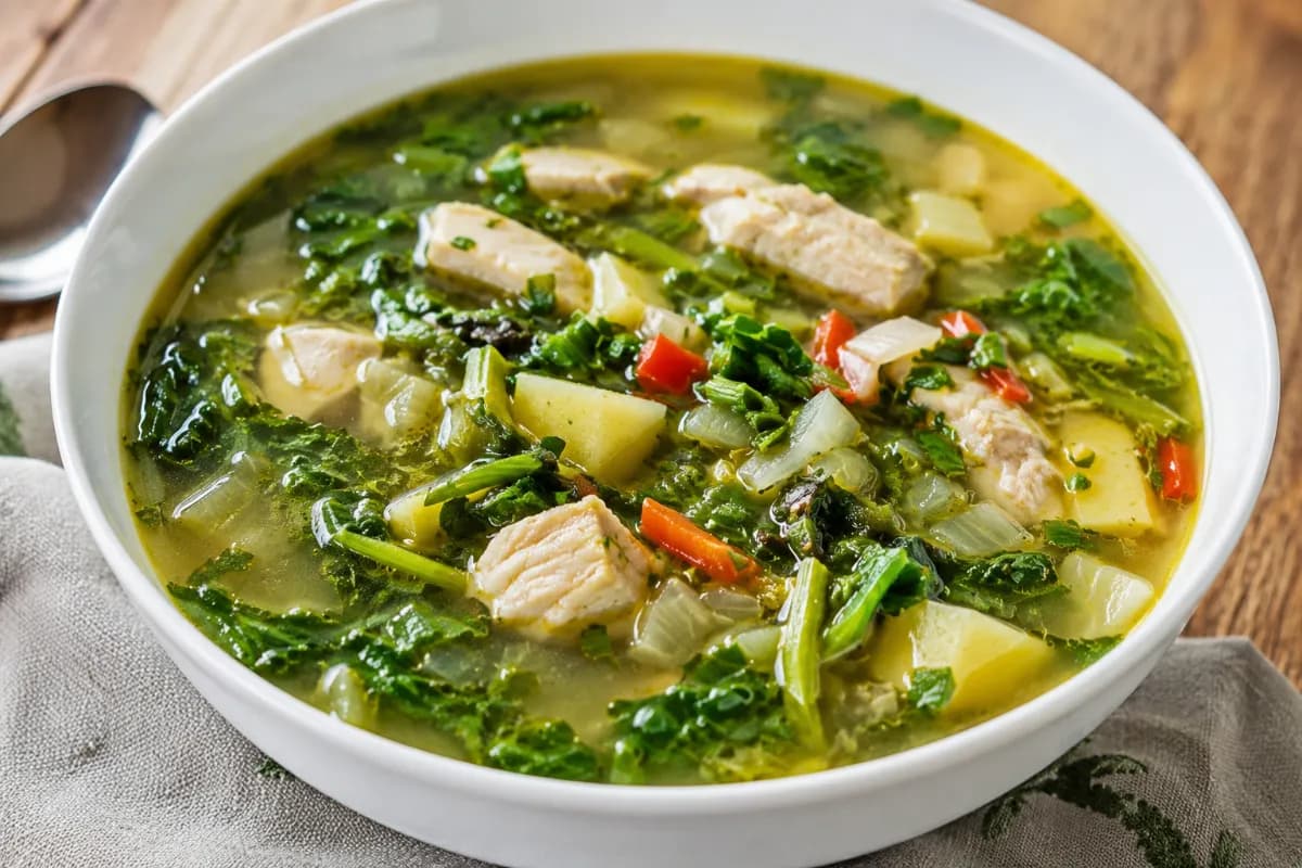 Bouyon Bred, a light and nutritious Creole soup made with fresh leafy greens, garlic, onions, herbs, and sometimes small pieces of fish or meat.