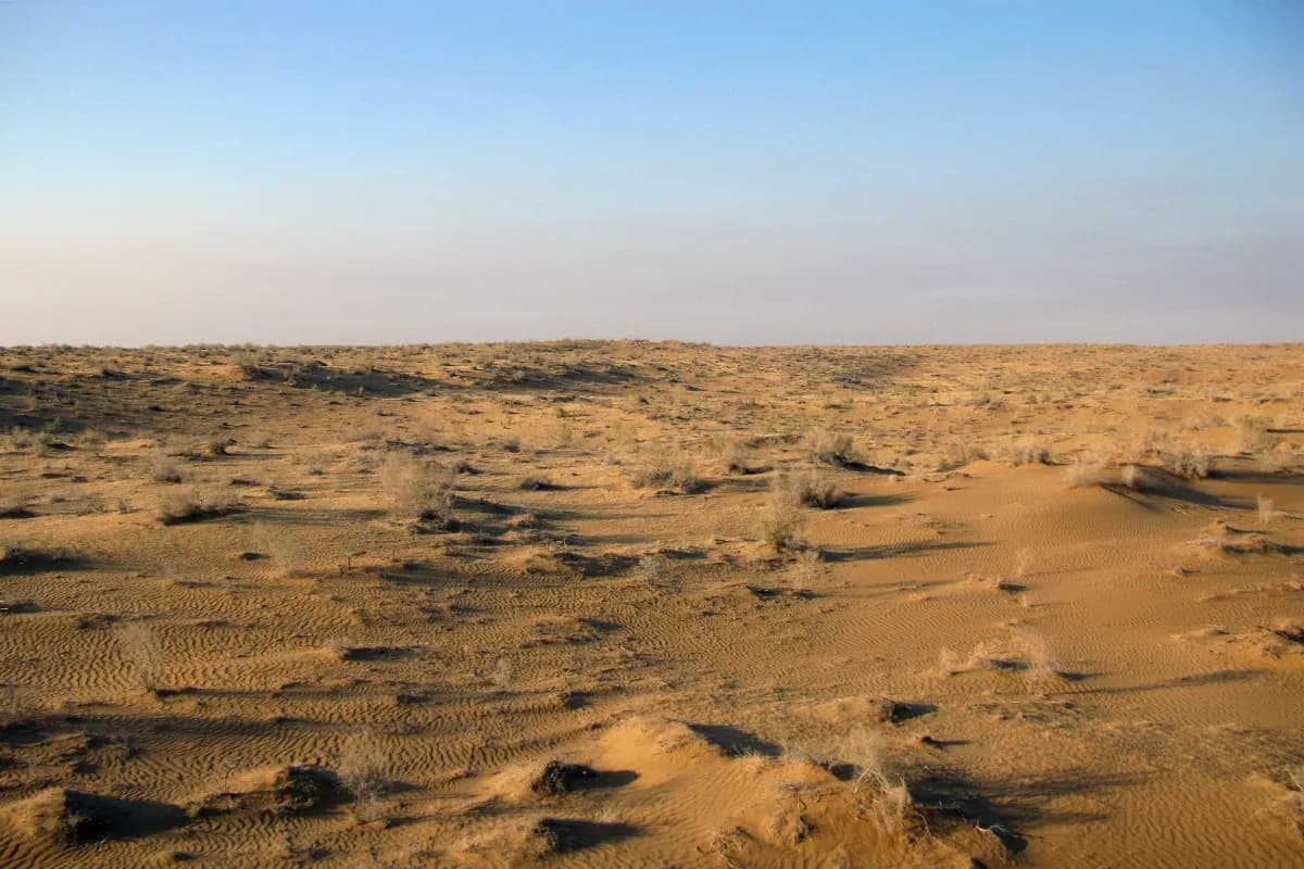 Kyzylkum Desert vast desert in Central Asia spanning Uzbekistan, Kazakhstan, and Turkmenistan, known for red sand dunes and rugged landscapes.