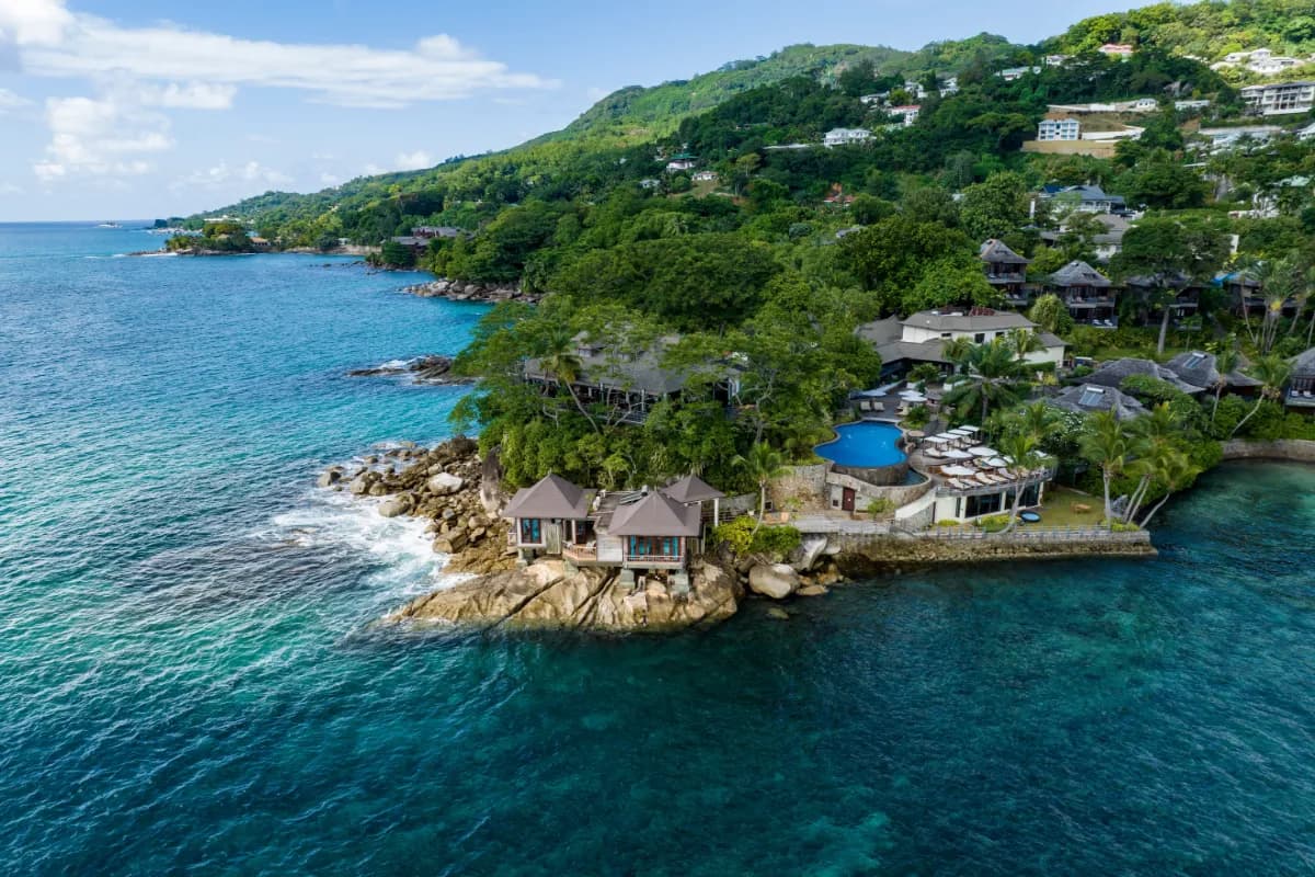 Aerial View , North West Coast , Glacis Beach , with Hotels and Villages, Mahe Island Seychelles.