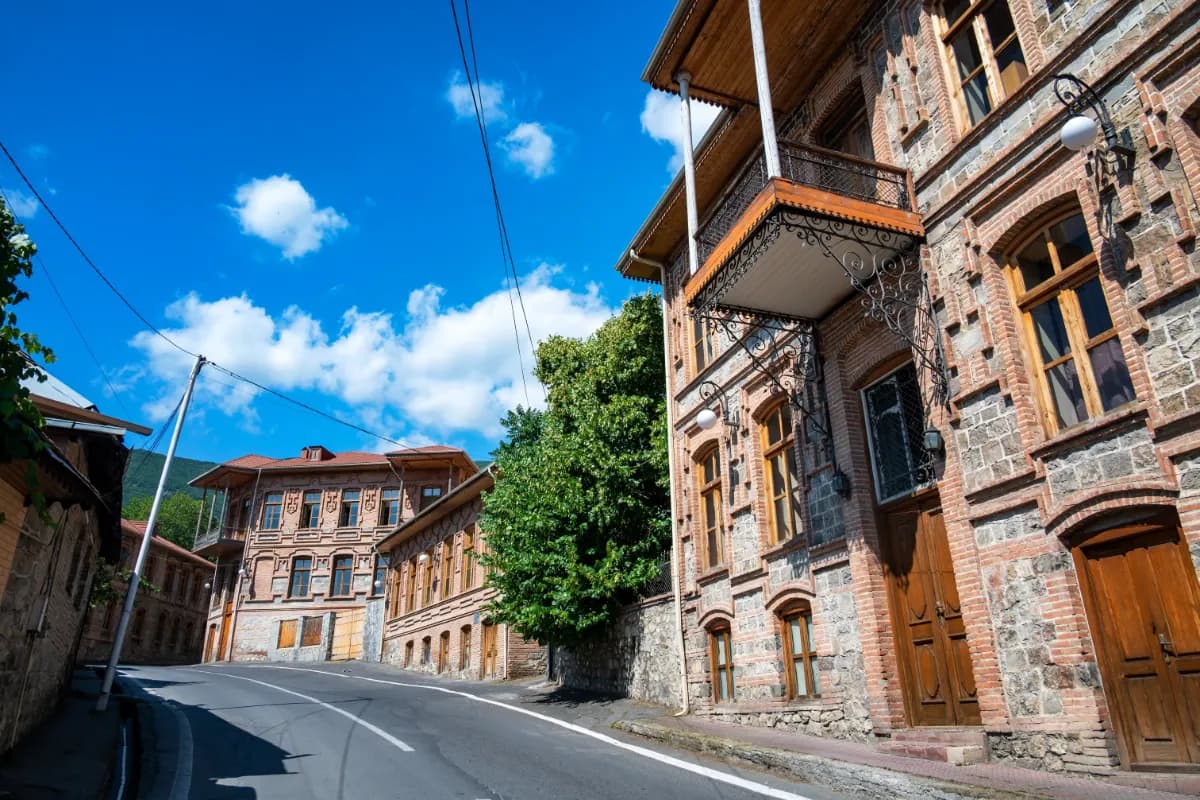Sheki historic city in Azerbaijan known for traditional architecture, cobbled streets, cultural heritage, and charming mountain surroundings.
