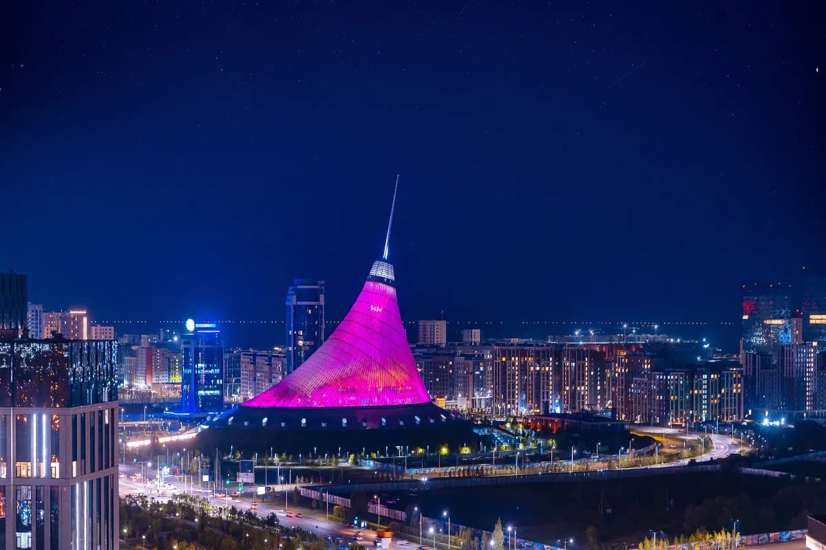 Astana modern capital of Kazakhstan known for its futuristic skyline, illuminated night panoramas, and striking architecture along the Ishim River.