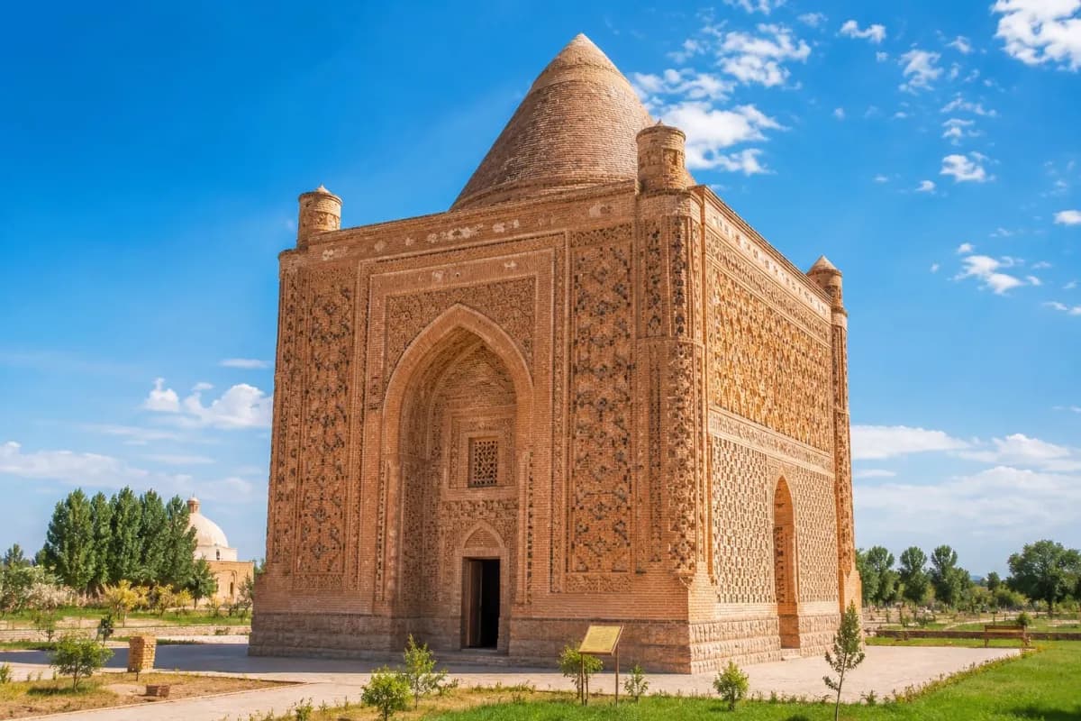 Aisha Bibi Mausoleum historic 12th-century mausoleum in Kazakhstan known for its intricate terracotta tilework, romantic legend, and architectural beauty.