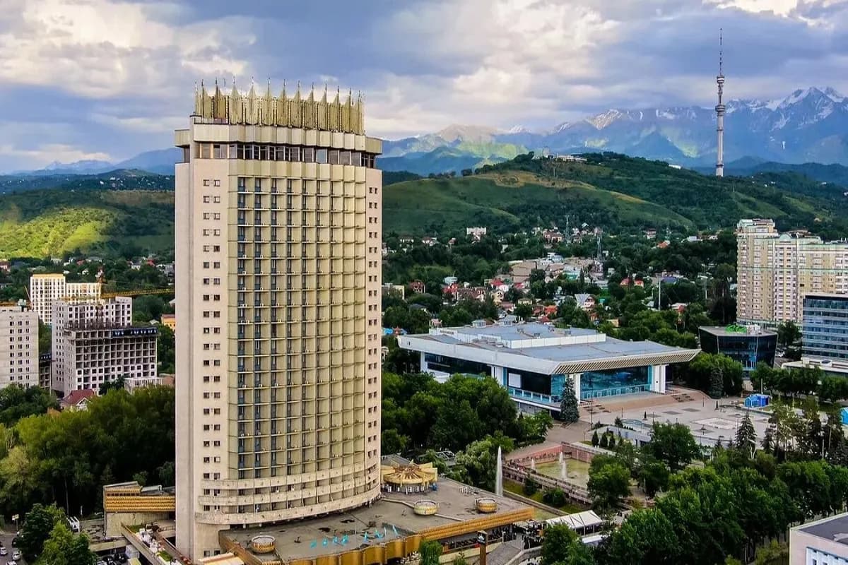 Hotel Kazakhstan iconic high-rise hotel in Almaty known for its panoramic city views and distinctive Soviet-era architecture.